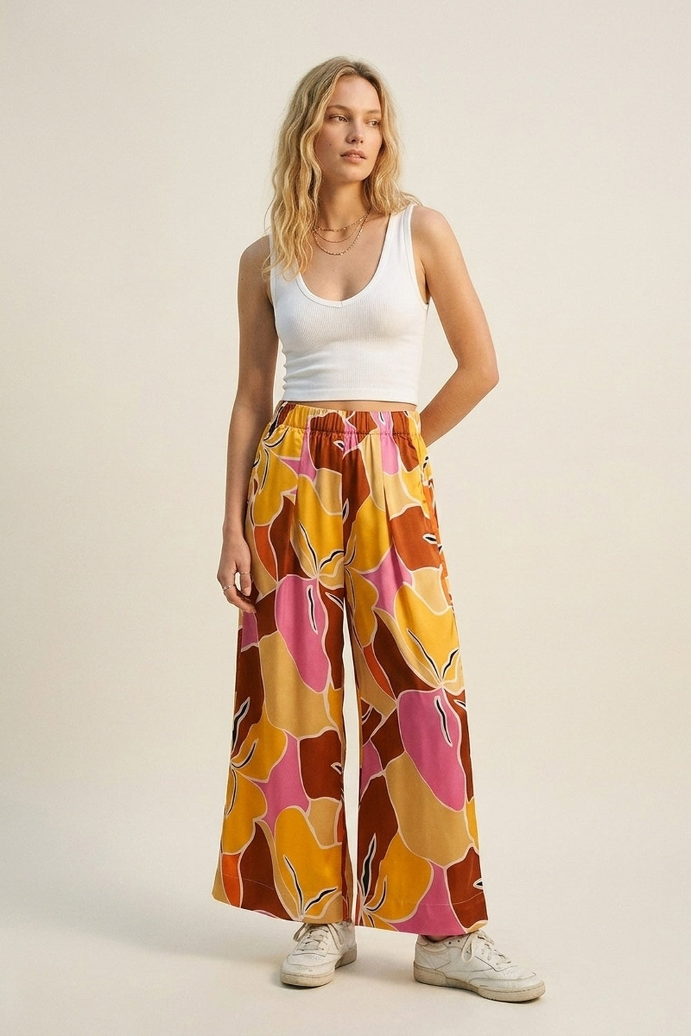 Tropical Print Wide Leg Pants in Warm orange tones