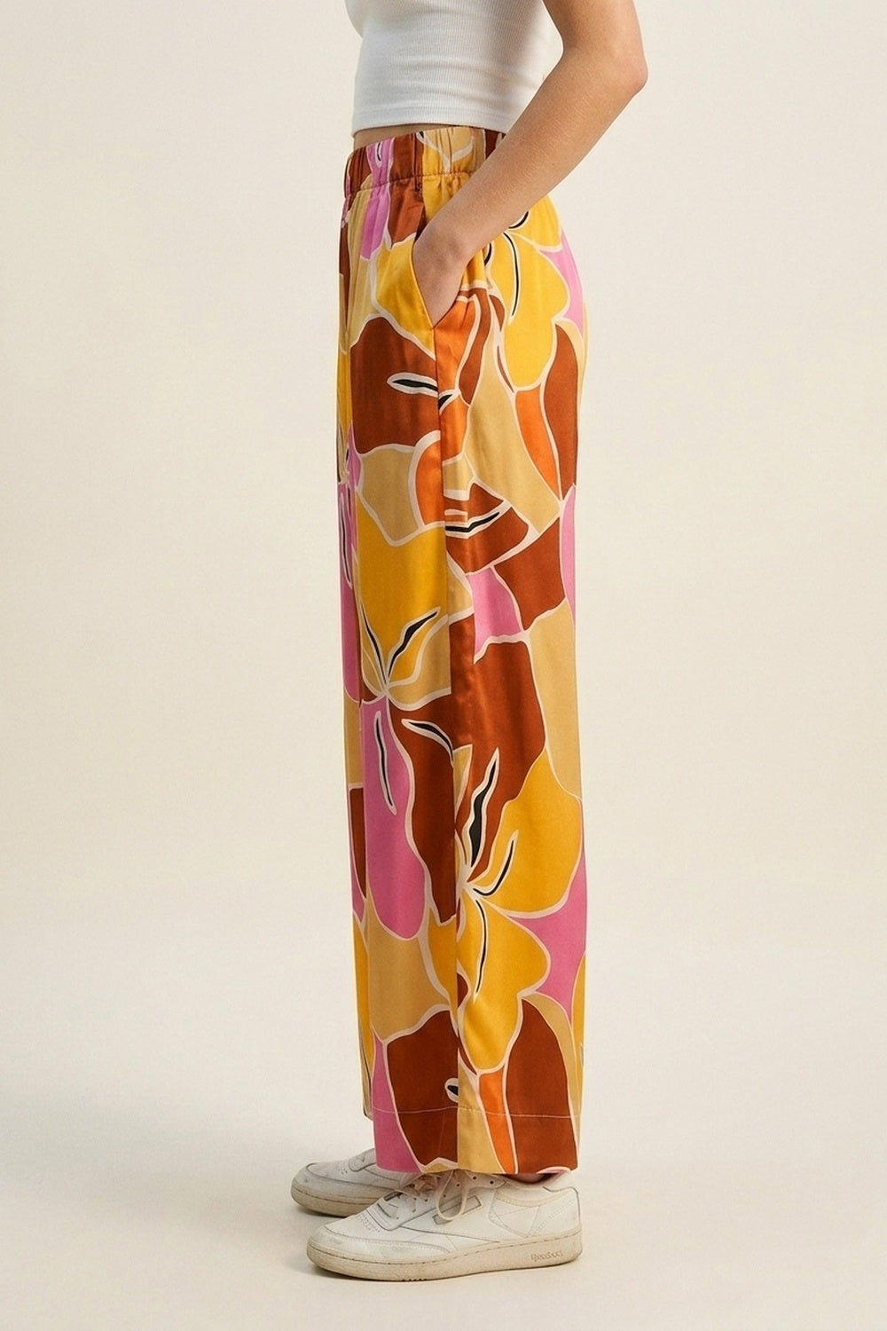Tropical Print Wide Leg Pants in Warm orange tones