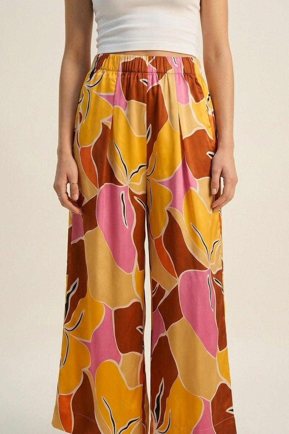Tropical Print Wide Leg Pants in Warm orange tones