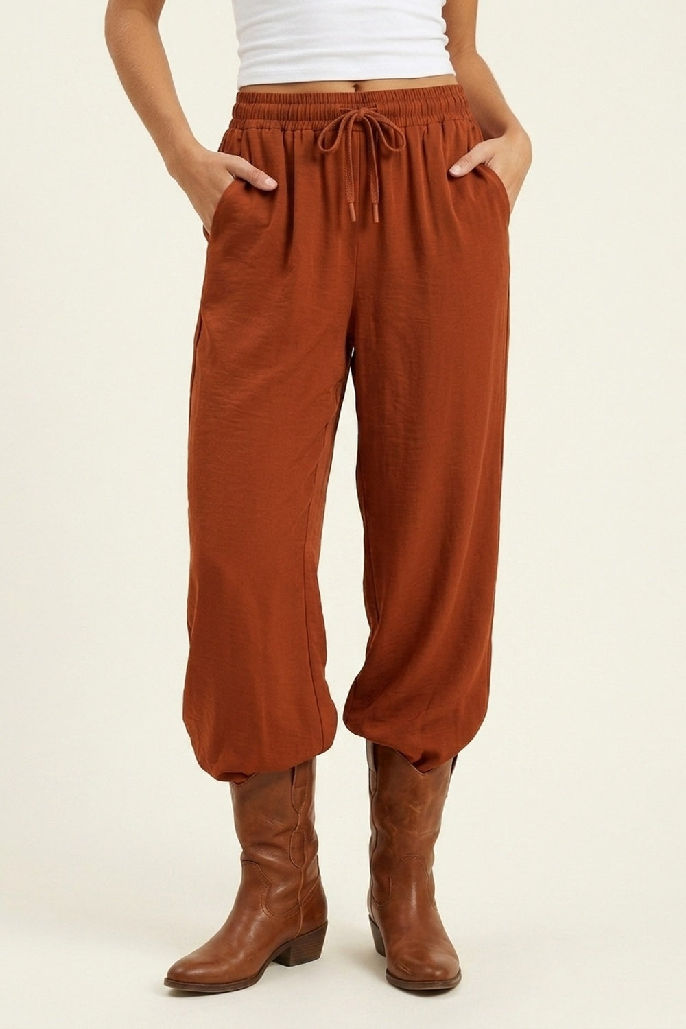 terracotta Wide-Leg Drawstring Waist Casual Pants
