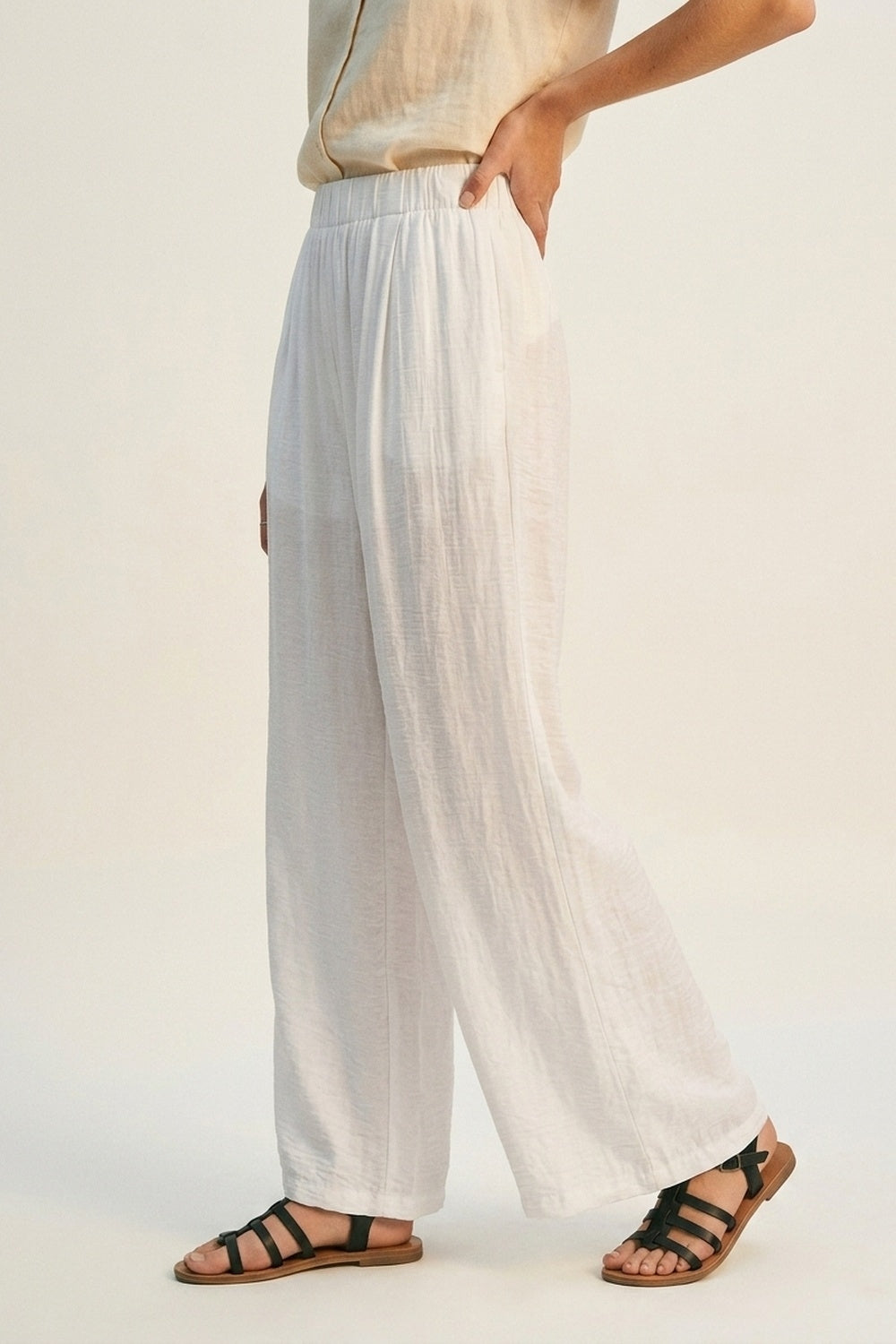 White Lightweight Woven Elastic Waist Wide Leg Pants