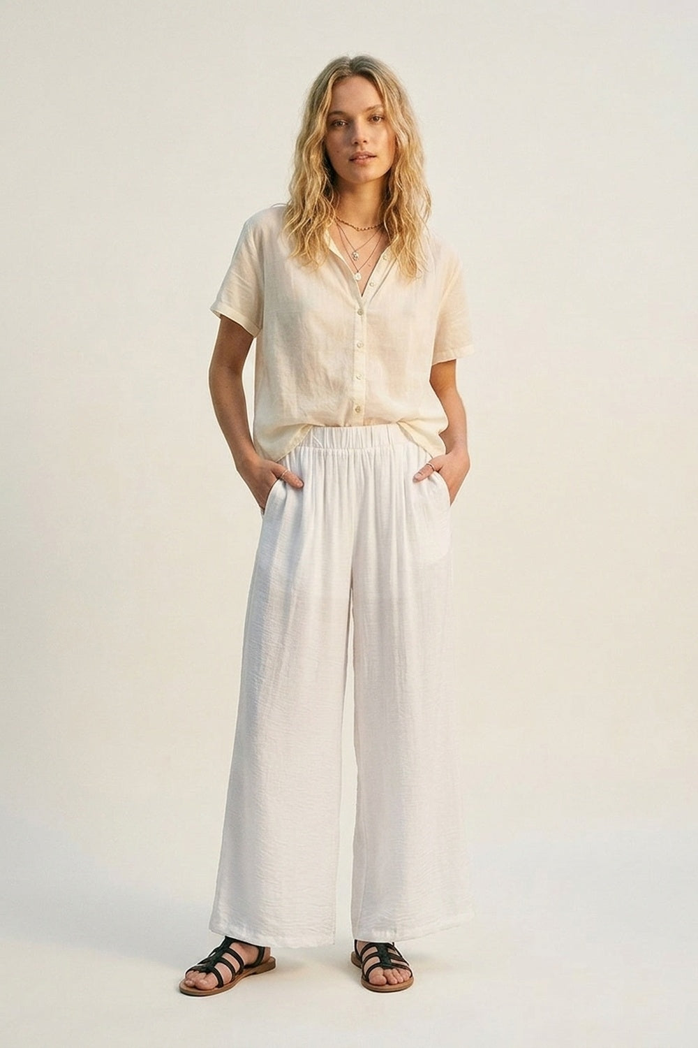 White Lightweight Woven Elastic Waist Wide Leg Pants