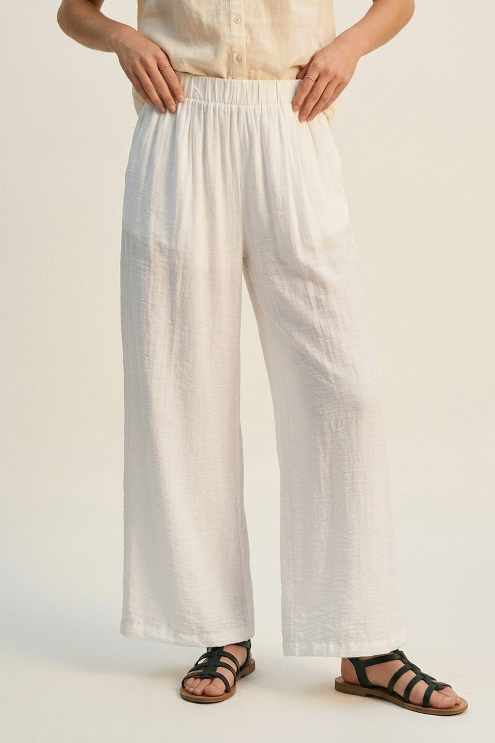 White Lightweight Woven Elastic Waist Wide Leg Pants