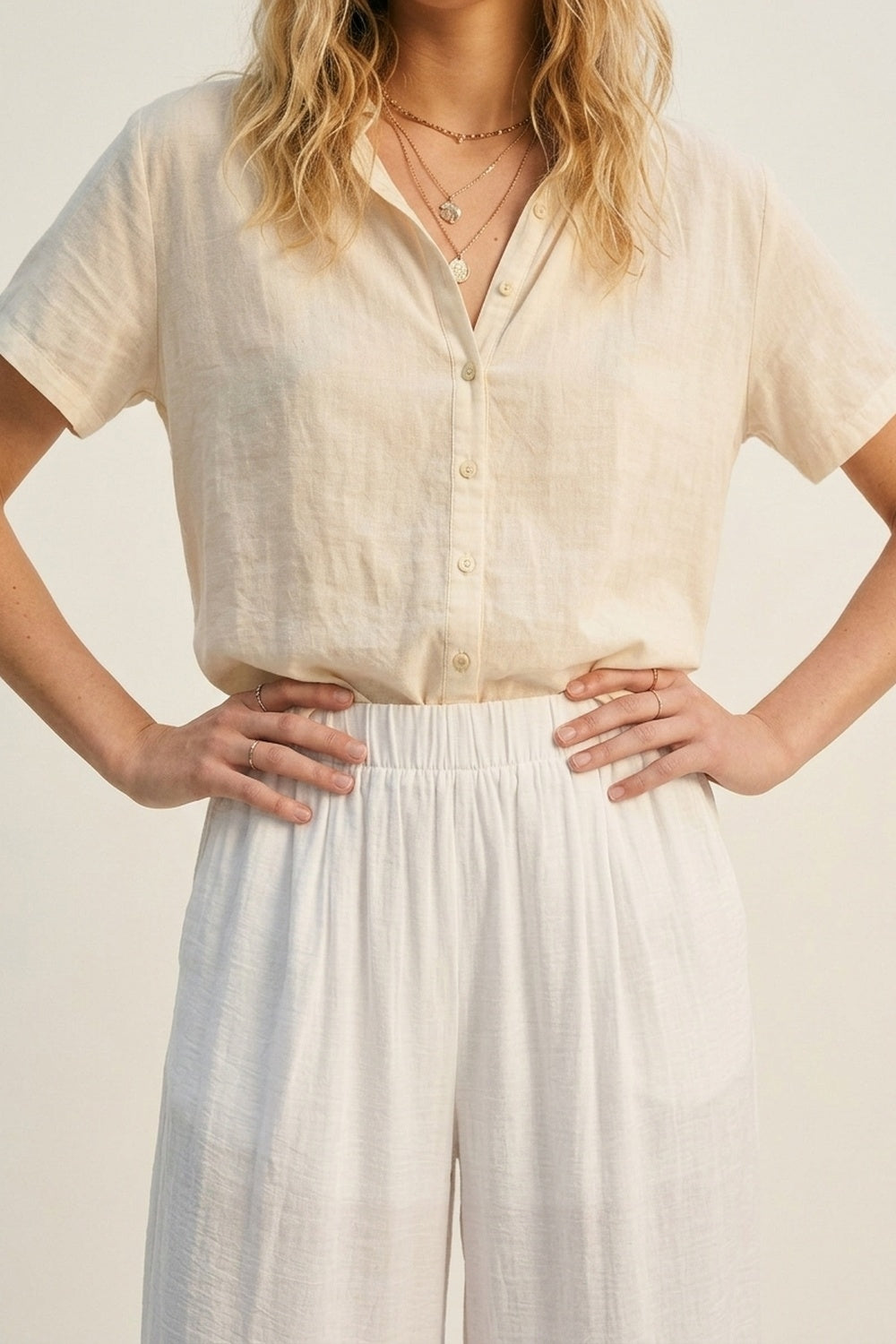 White Lightweight Woven Elastic Waist Wide Leg Pants