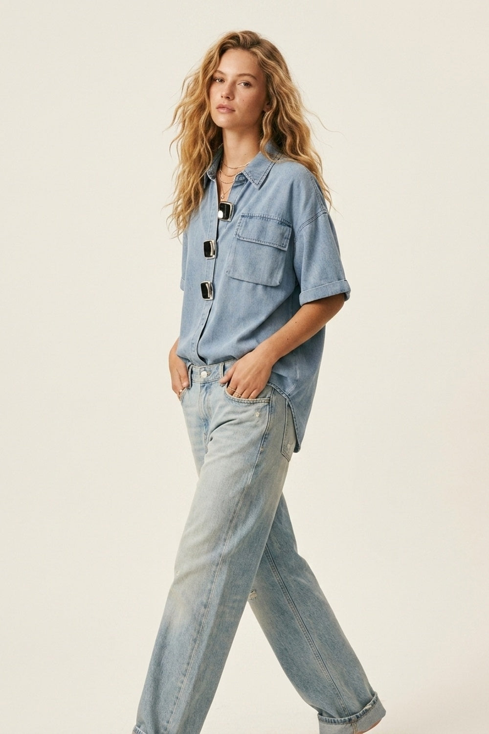 Light Wash Denim Short-Sleeve Shirt with big silver buttons