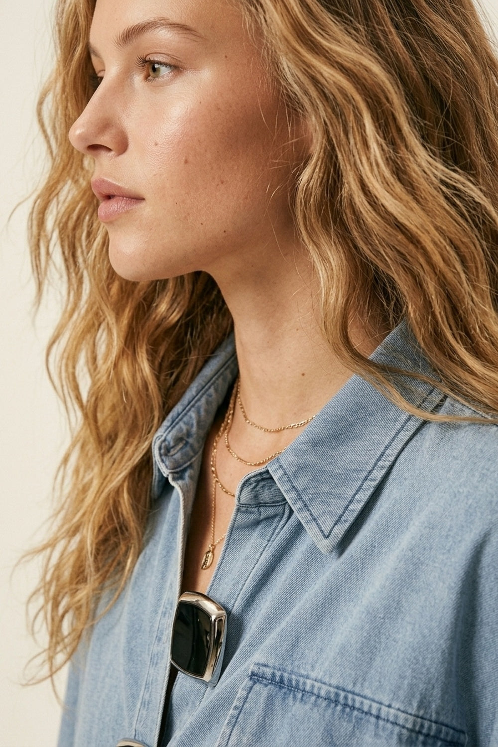 Light Wash Denim Short-Sleeve Shirt with big silver buttons
