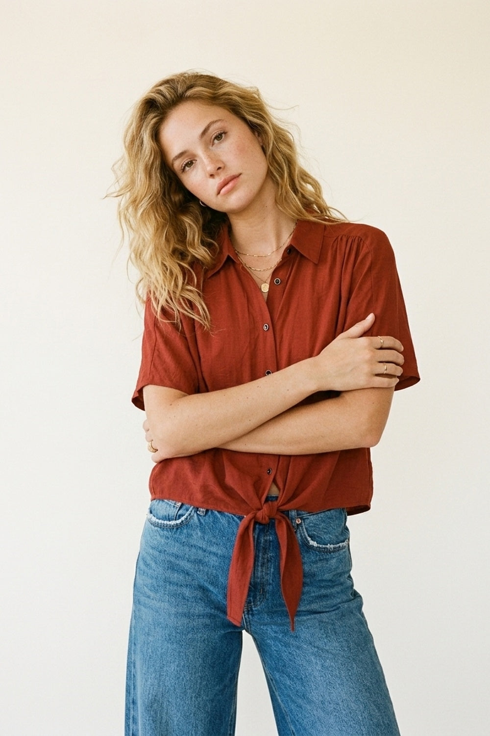 Button-down Short Sleeve Shirt with tie front hem in terracotta