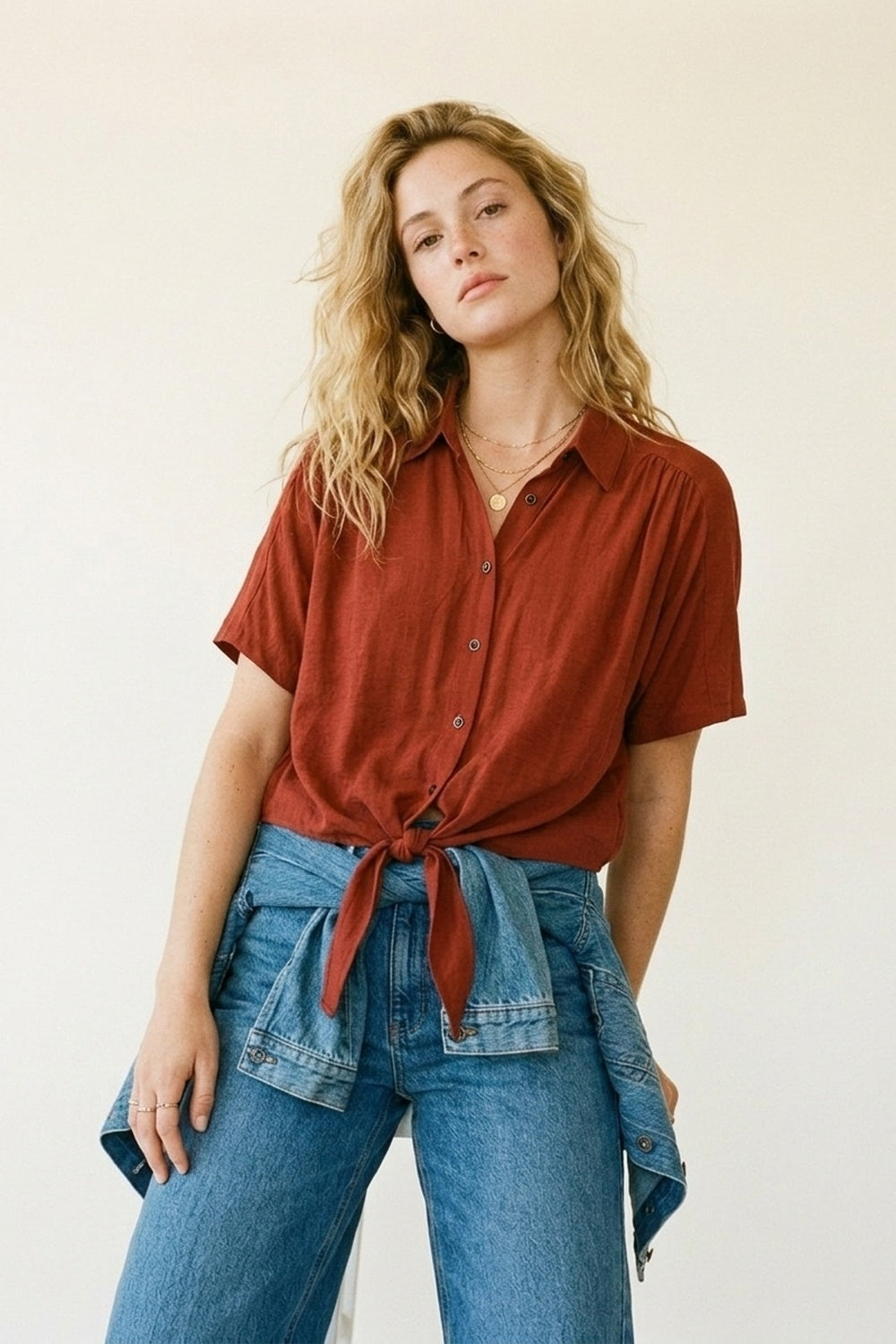Button-down Short Sleeve Shirt with tie front hem in terracotta