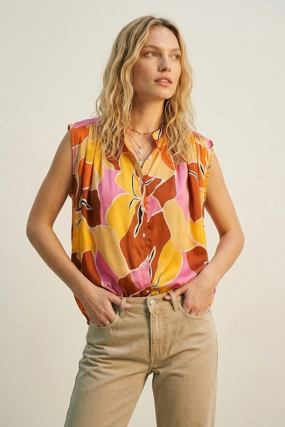 Tropical Print Button-Front Sleeveless Blouse in orange Warm Tones