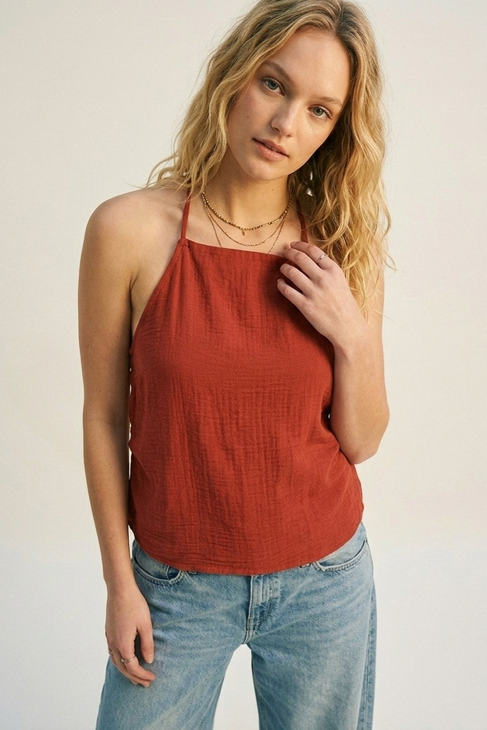 terracotta Textured Sleeveless Halter Neck Top