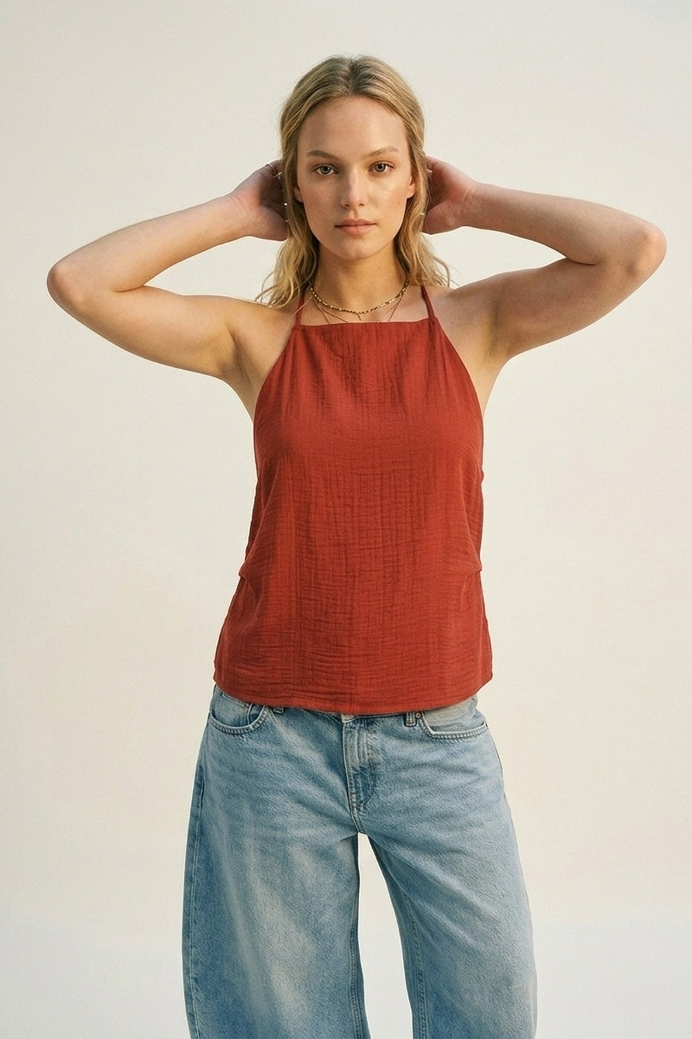terracotta Textured Sleeveless Halter Neck Top