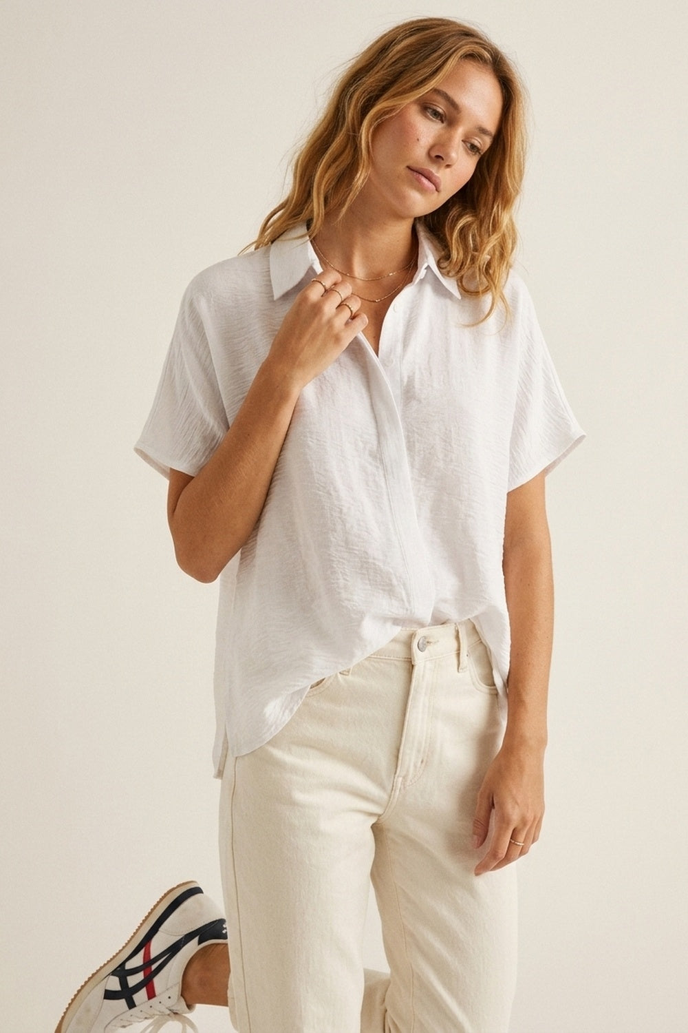 White Textured Cotton Short Sleeve Collared Relaxed Fit Shirt