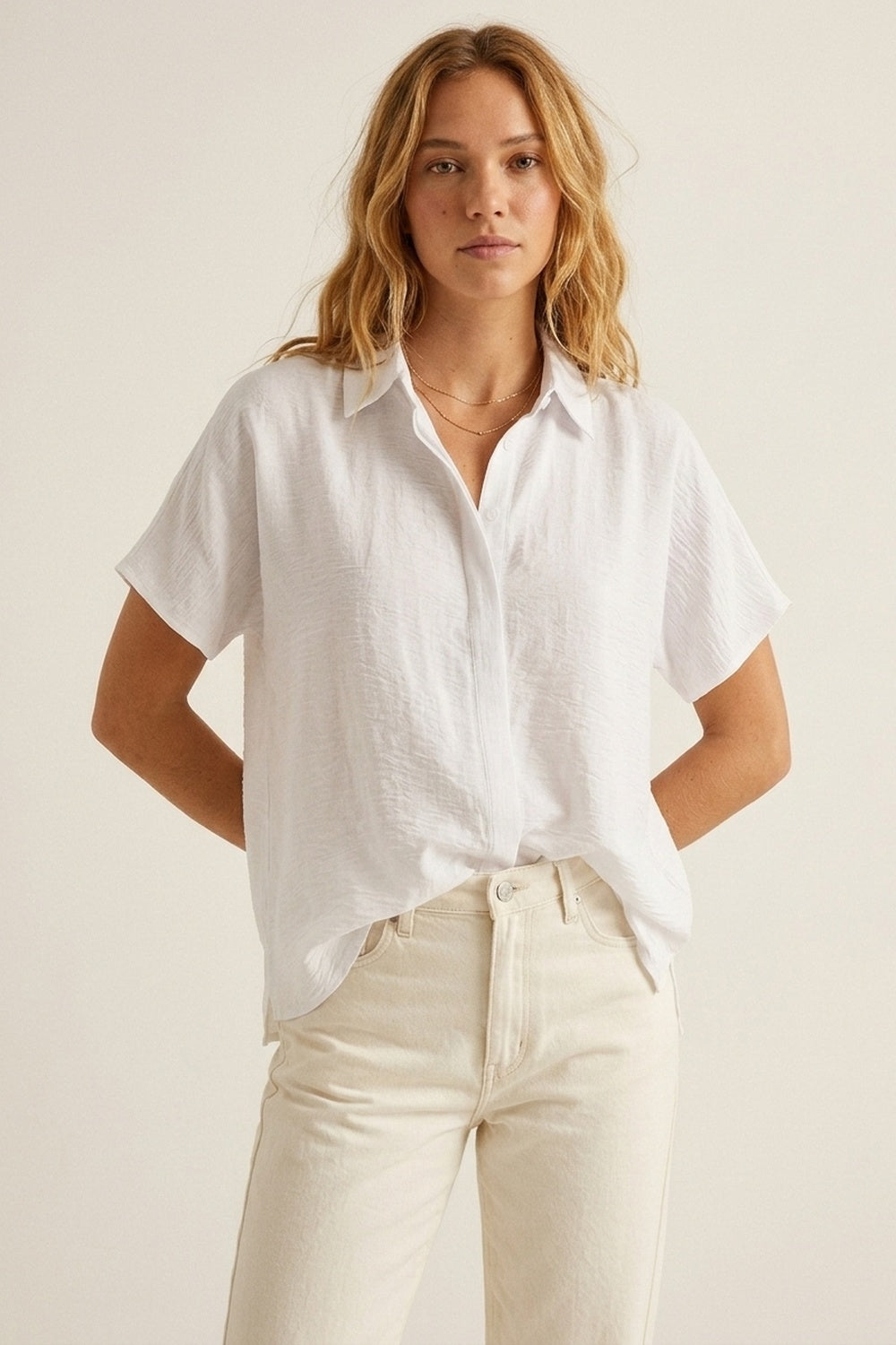 White Textured Cotton Short Sleeve Collared Relaxed Fit Shirt