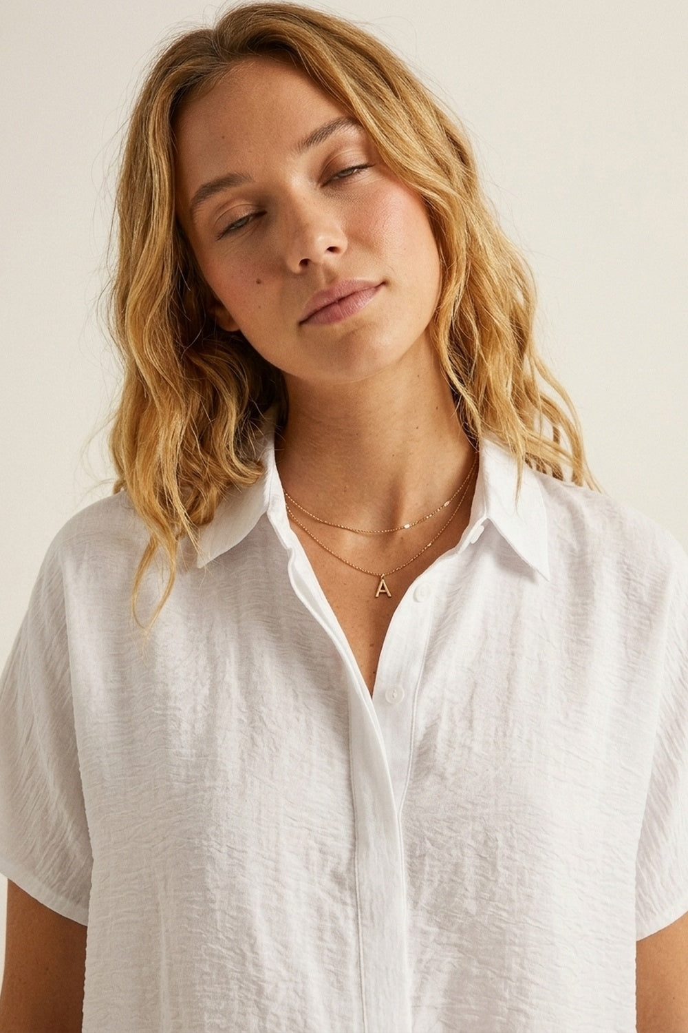 White Textured Cotton Short Sleeve Collared Relaxed Fit Shirt