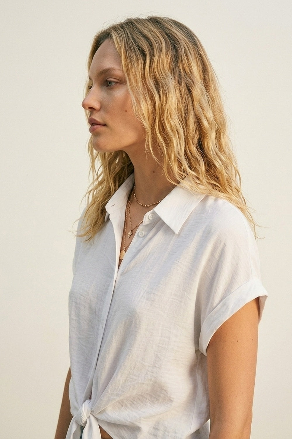 White Lightweight Woven Short Sleeve Shirt Top with Tie Front