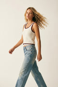 Cream Crocheted Tank Top in Cream with Burgundy Trim