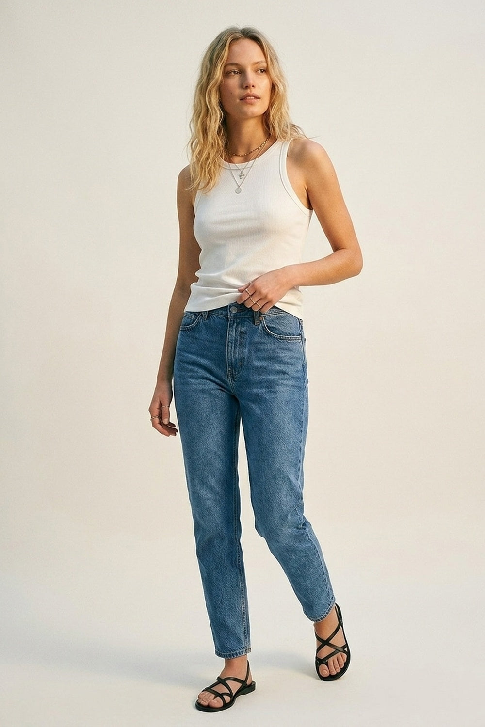 White Ribbed Crew Neck Tank Top with racerback sleeve