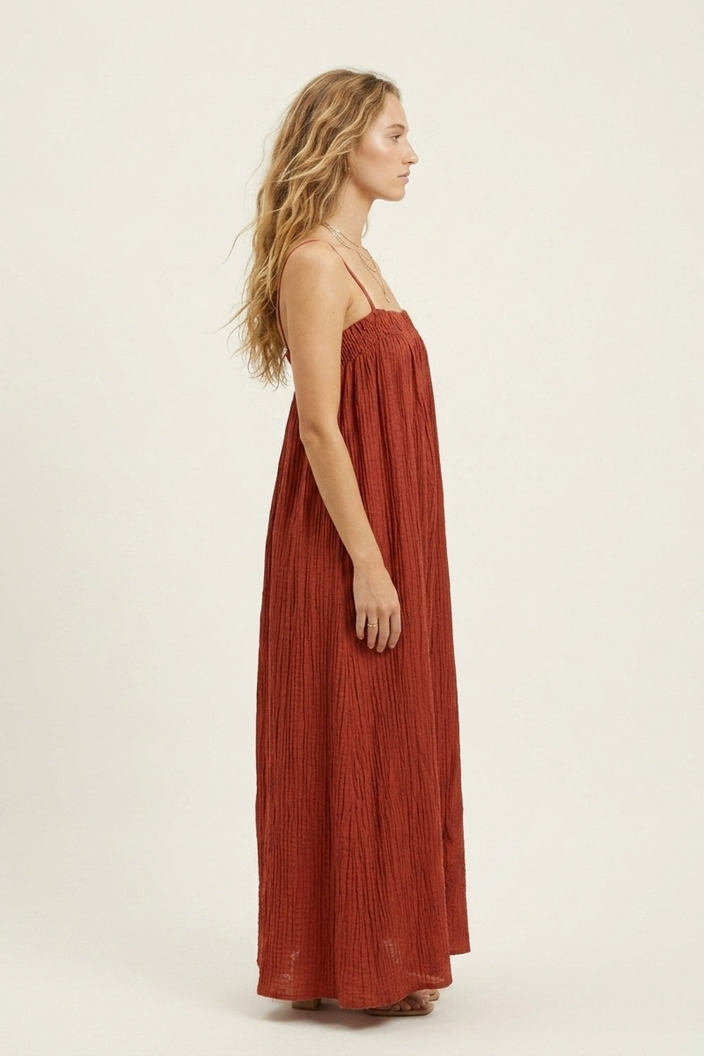 UNIKCOSA Rust Crinkled Maxi Dress with Spaghetti Straps