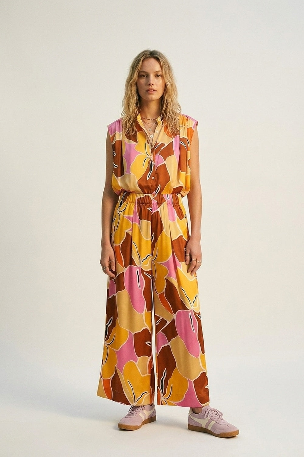 Tropical Print Wide Leg Pants in Warm orange tones