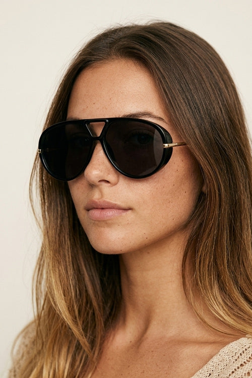 Black Oversized Aviator Sunglasses with Gold Details — view 1 of 3