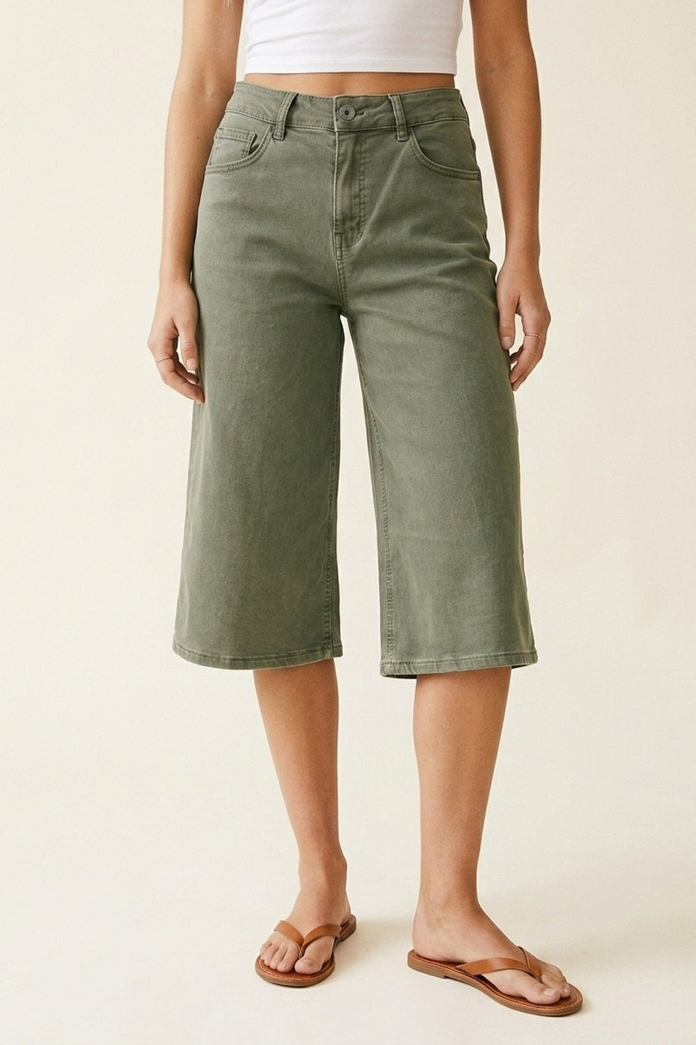 Olive Green Wide-Leg Cropped Denim bermuda Shorts