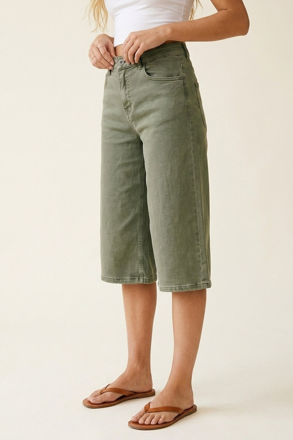 Olive Green Wide-Leg Cropped Denim bermuda Shorts