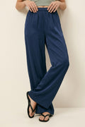 Navy Lightweight Satin Wide Leg Elastic Waist Pants