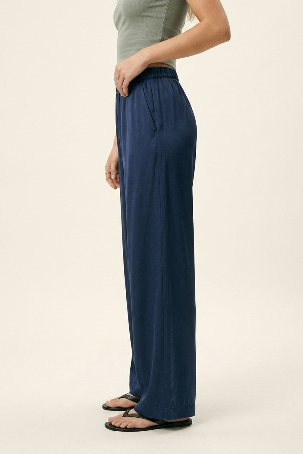 Navy Lightweight Satin Wide Leg Elastic Waist Pants