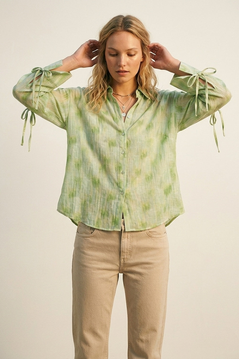 oversized Light Green Tie-Sleeve Button-Up Shirt