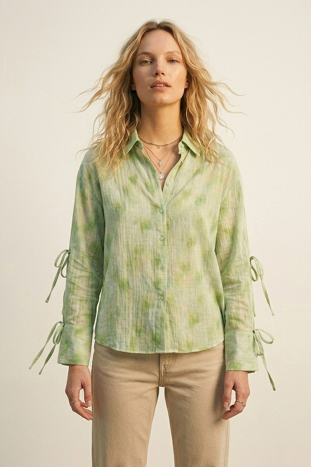 oversized Light Green Tie-Sleeve Button-Up Shirt