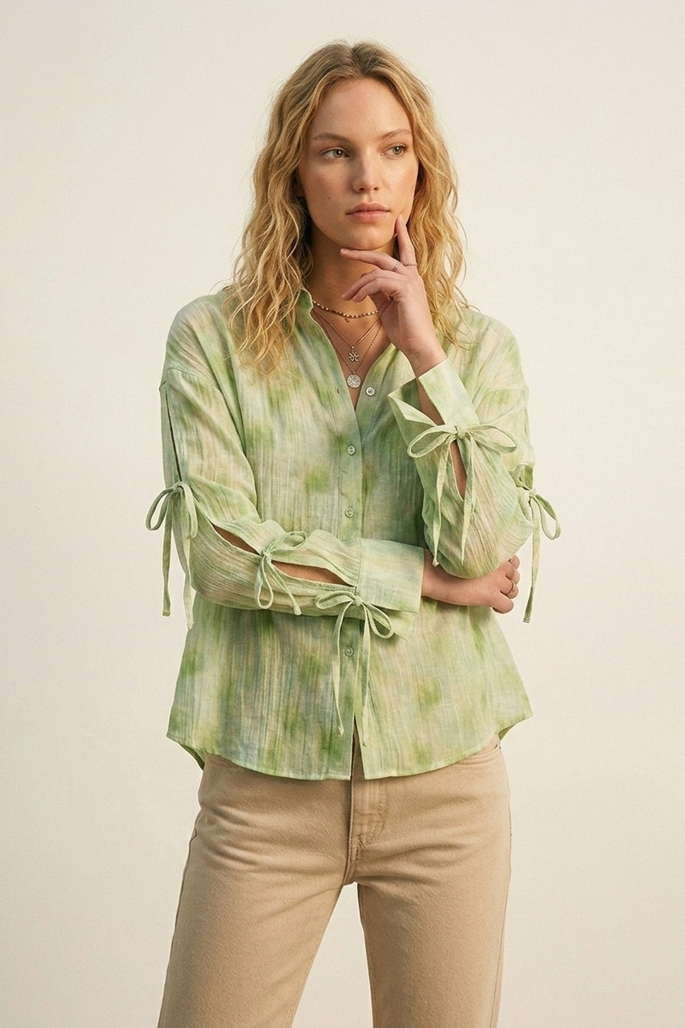 oversized Light Green Tie-Sleeve Button-Up Shirt