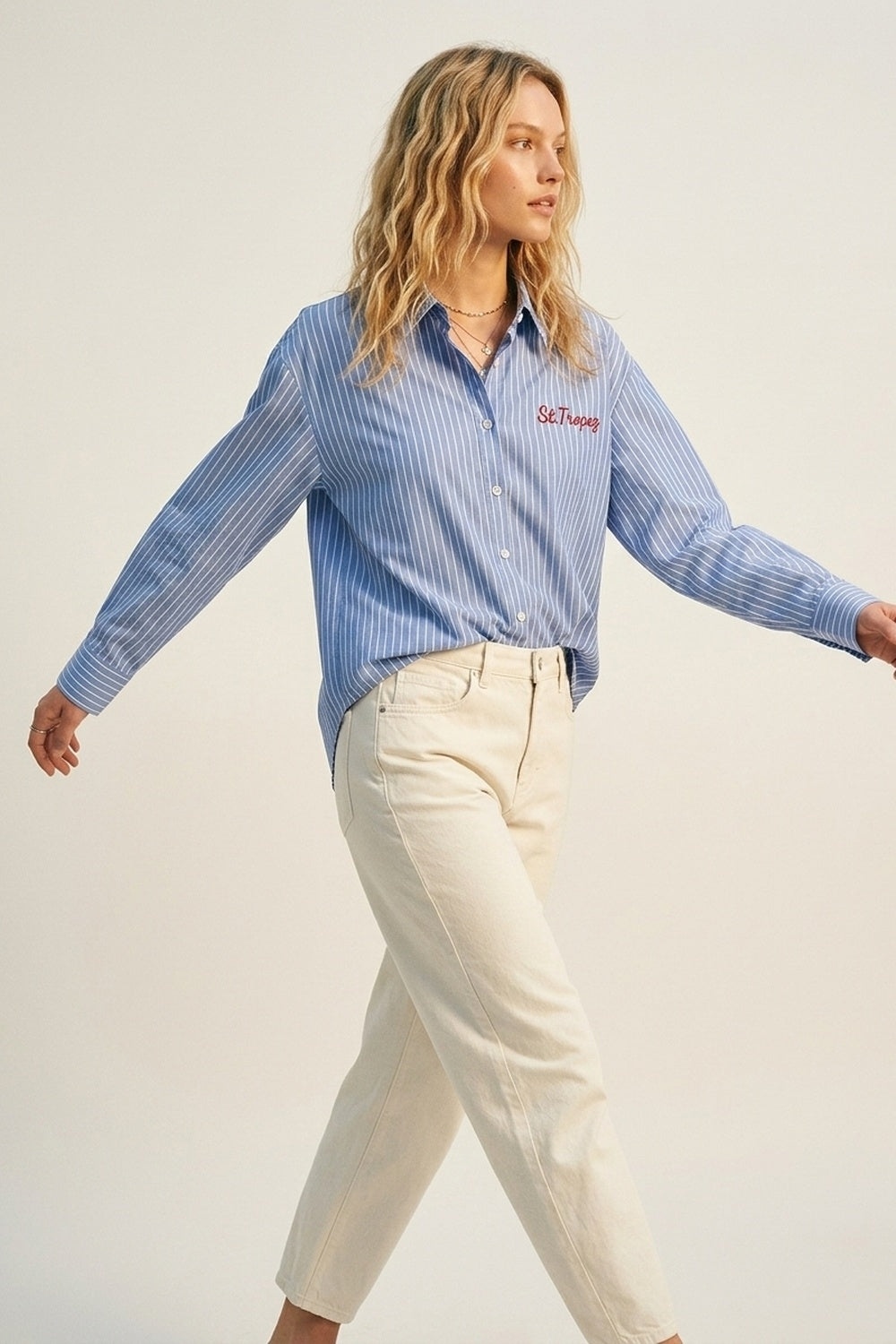 Blue Striped Classic Button-Down Shirt with Embroidery