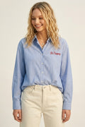 Blue Striped Classic Button-Down Shirt with Embroidery