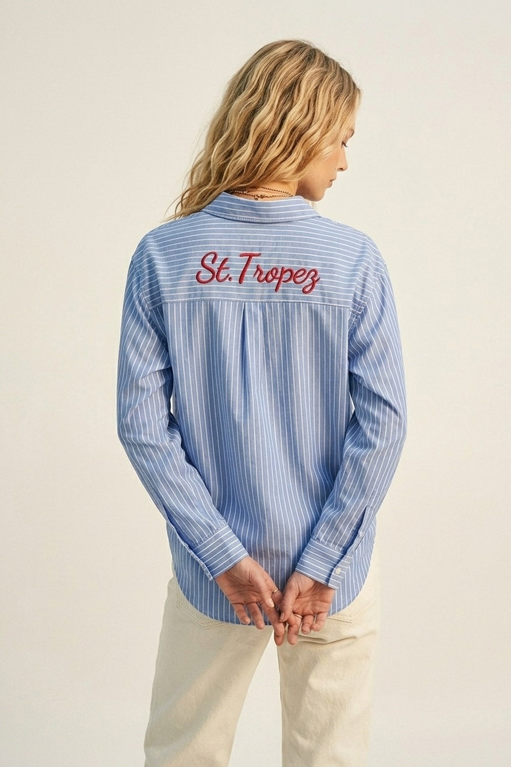 Blue Striped Classic Button-Down Shirt with Embroidery