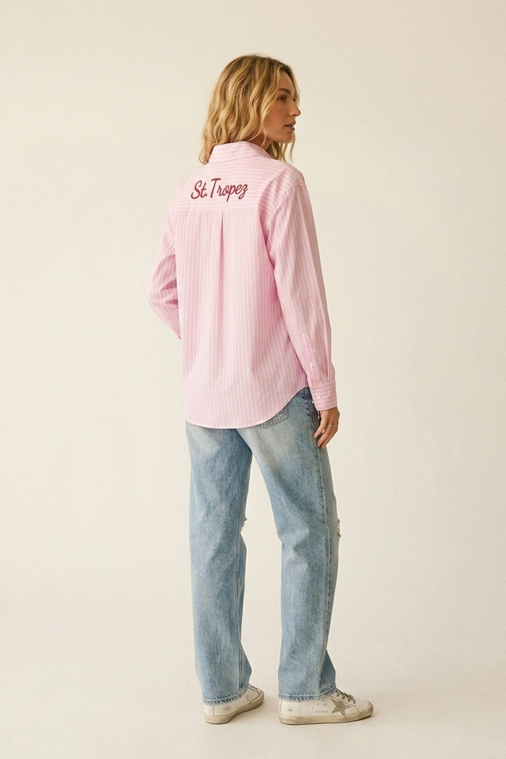 Pink Striped Button-Up Shirt with Embroidered Detail