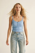 Light Blue Ribbed Knit Cropped Tank Top with buttons details