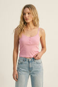 Pink Ribbed Knit Button-Front Cami Tank Top with buttons details