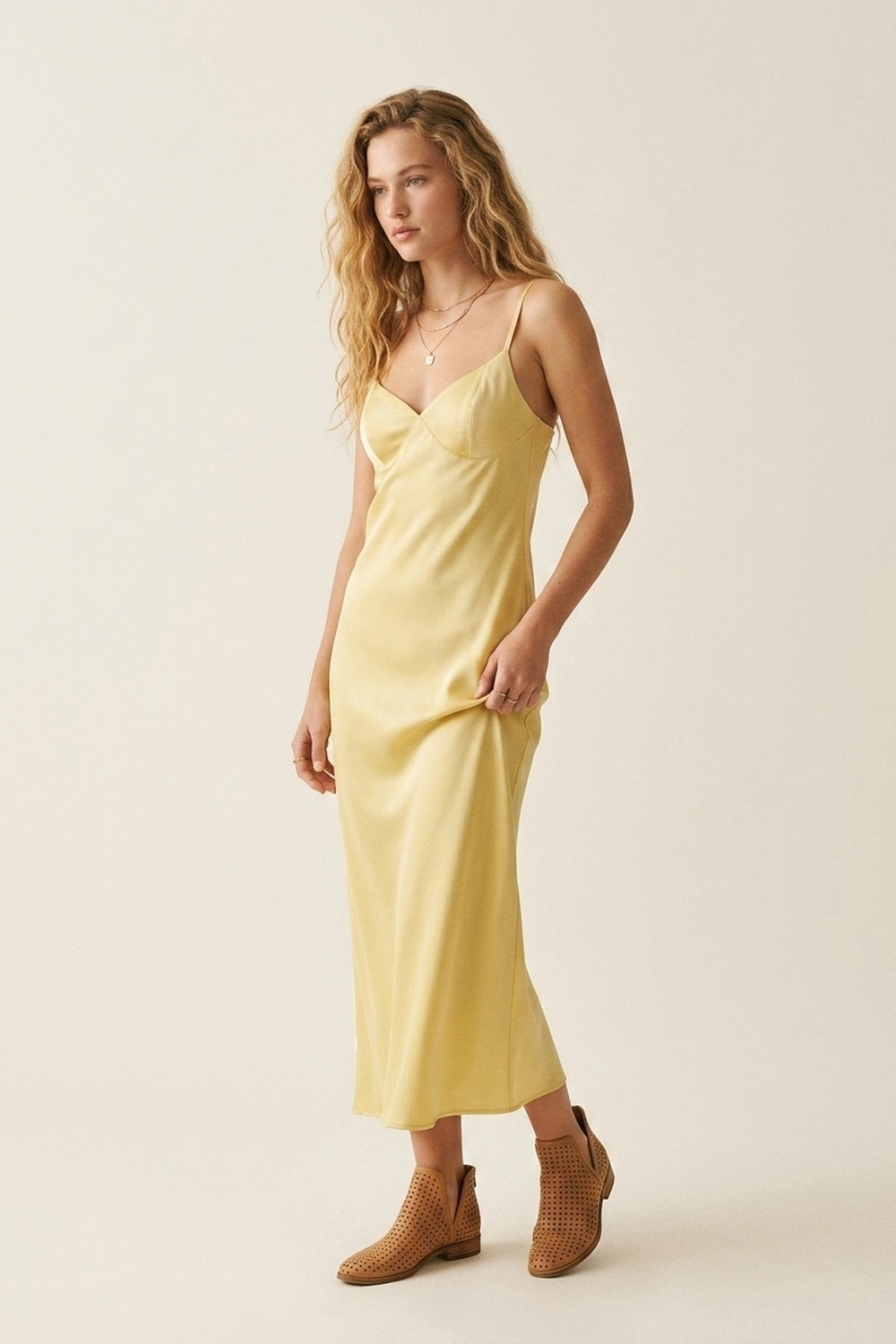 UNIKCOSA Yellow Satin Slip maxi Dress with Adjustable Straps