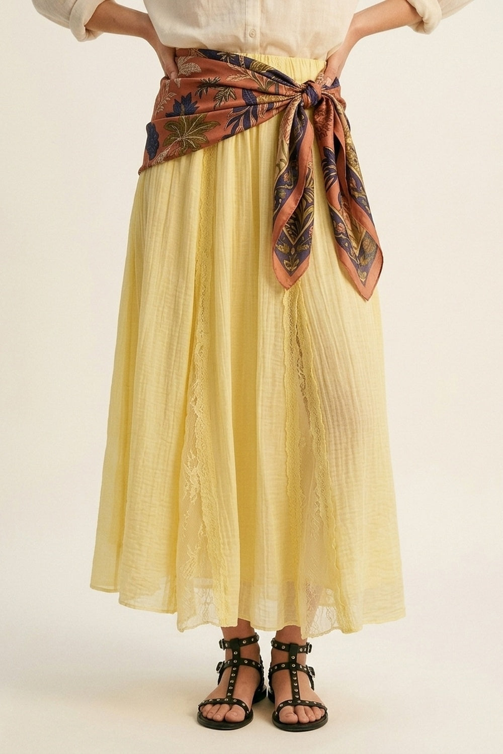 Yellow Sheer Textured A-Line maxi Skirt with lace insert