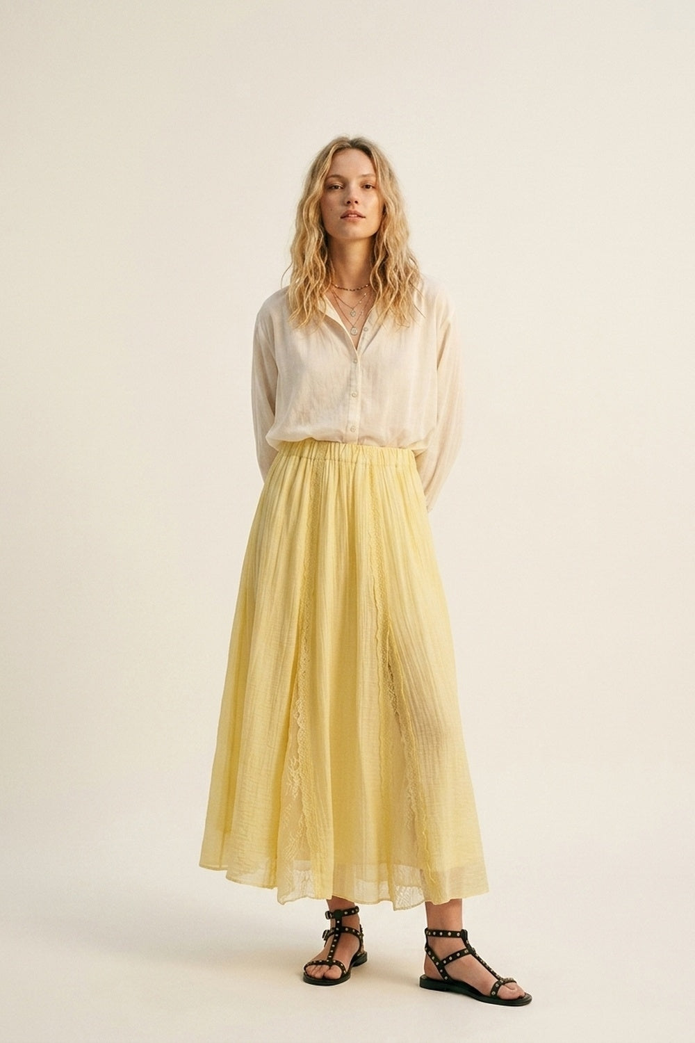 Yellow Sheer Textured A-Line maxi Skirt with lace insert