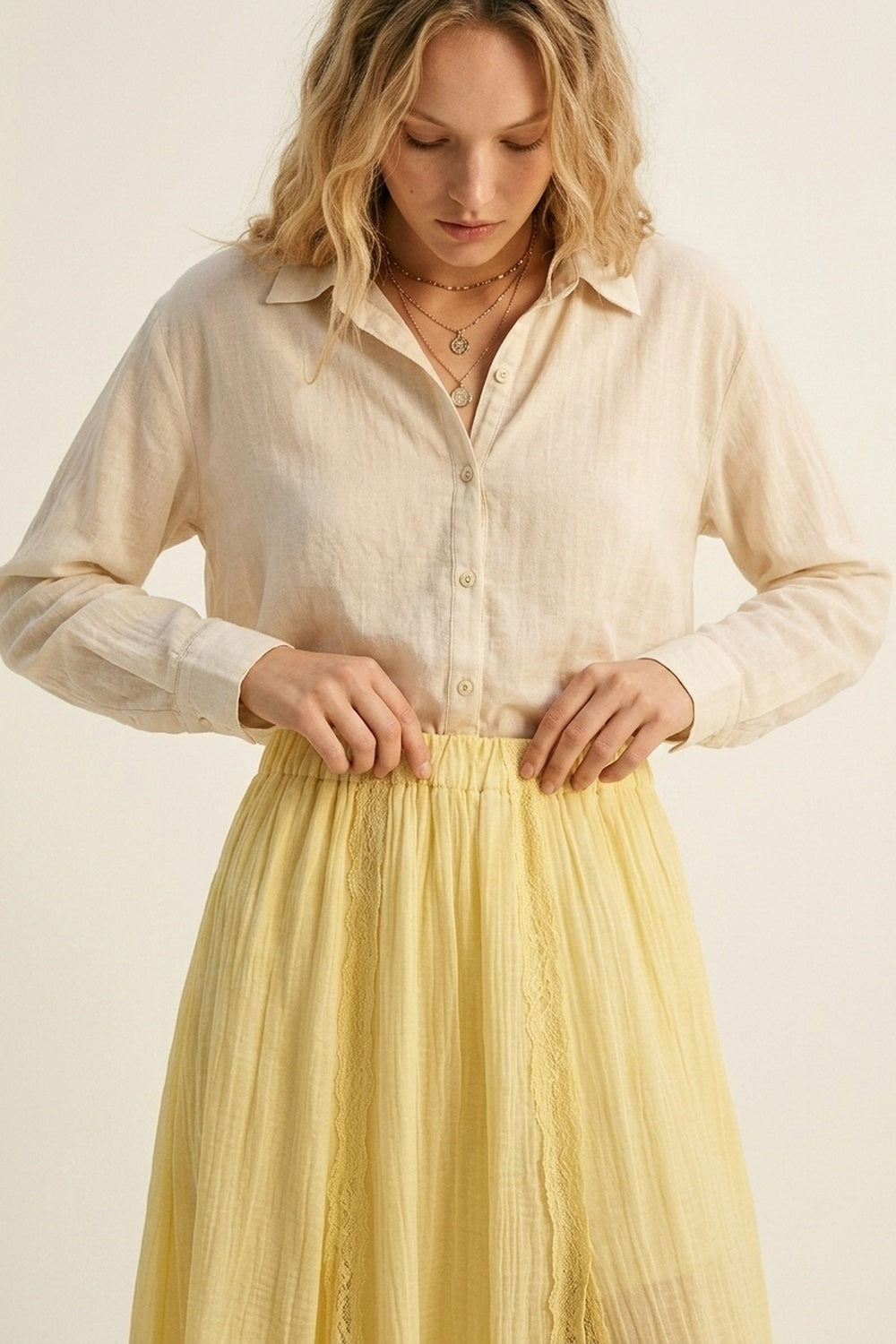 Yellow Sheer Textured A-Line maxi Skirt with lace insert