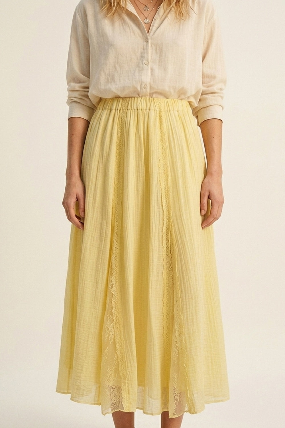 Yellow Sheer Textured A-Line maxi Skirt with lace insert