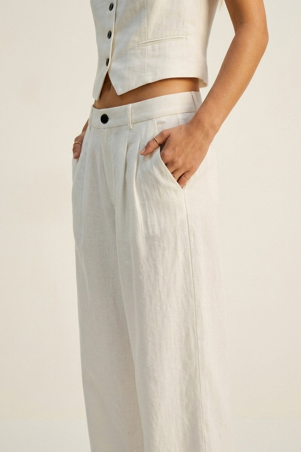 White Wide-Leg Front Pleat Summery Pants