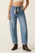 Light Wash Barrel Leg Jeans  With Knee Seam Detail