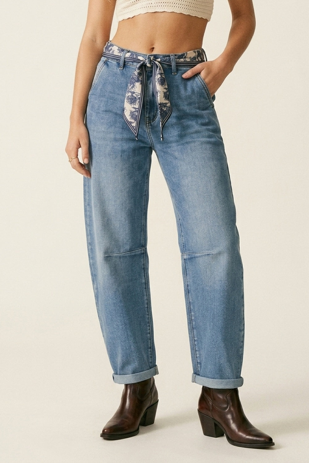 Light Wash Barrel Leg Jeans  With Knee Seam Detail