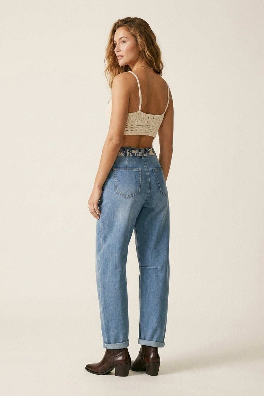 Light Wash Barrel Leg Jeans  With Knee Seam Detail