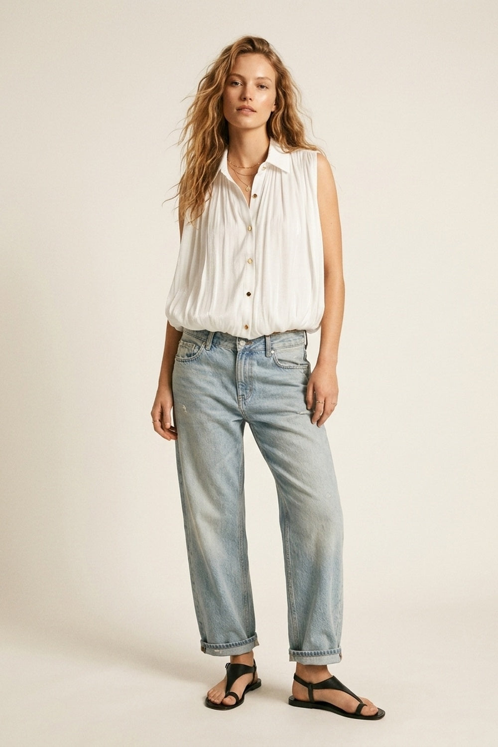 white Gathered at Hem Blouse With Gold Buttons