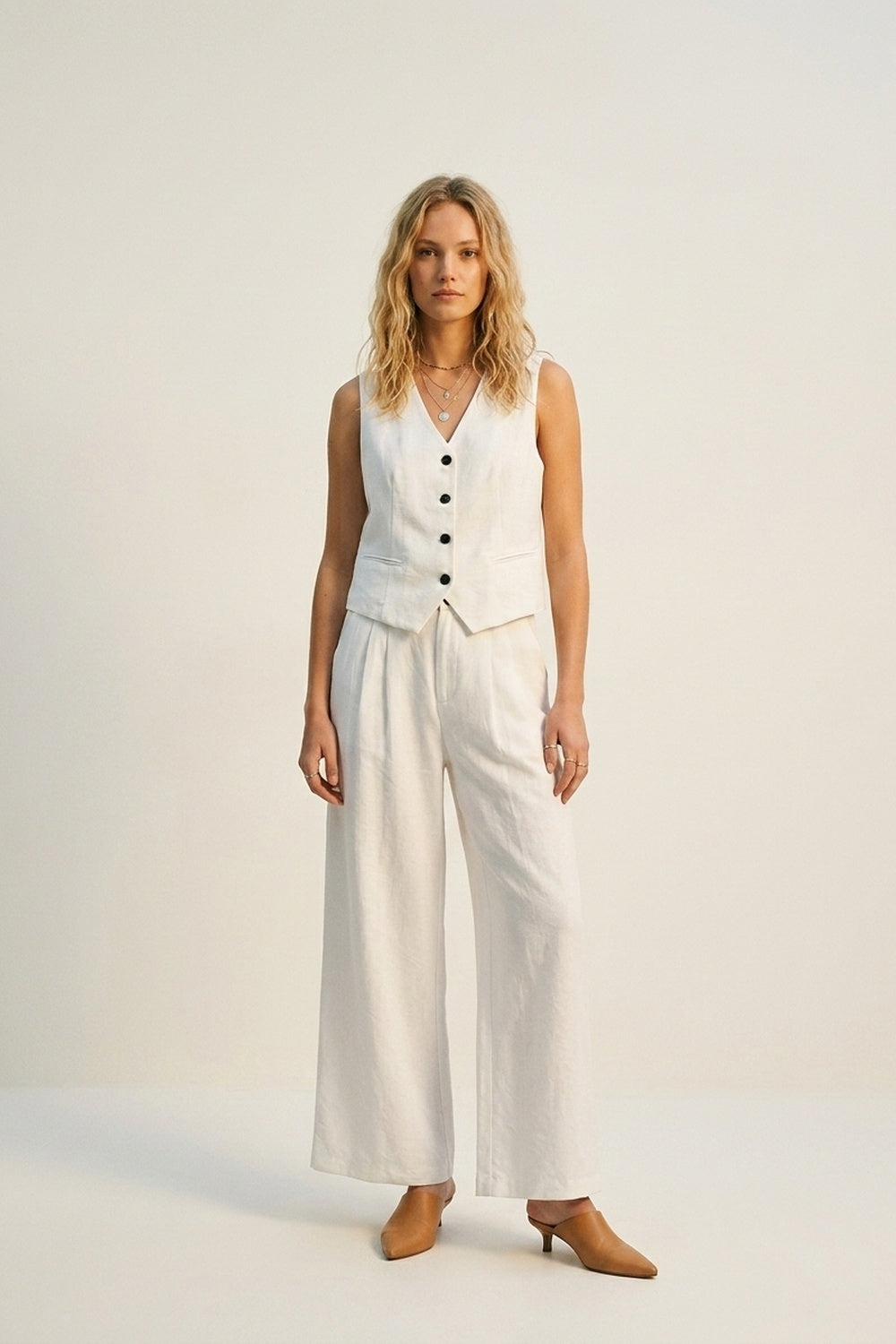 White Textured Vest with black Button-Front
