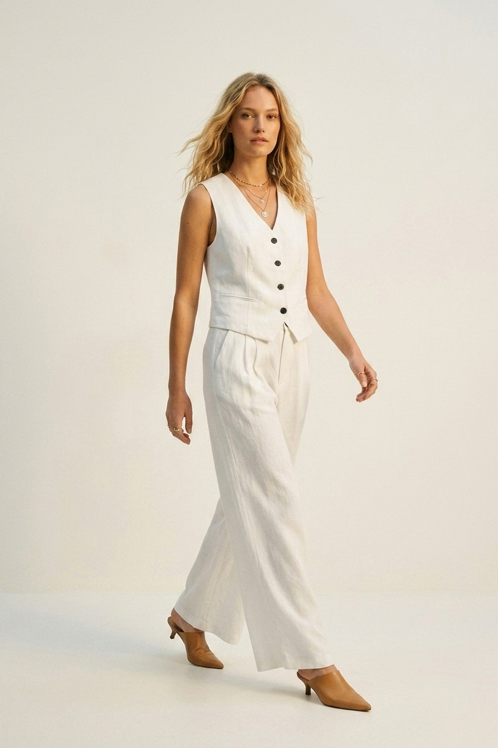 White Textured Vest with black Button-Front