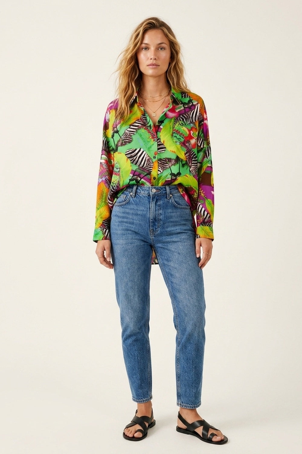 Multi Green Vibrant Tropical Print Button-Up Shirt in satin fabric